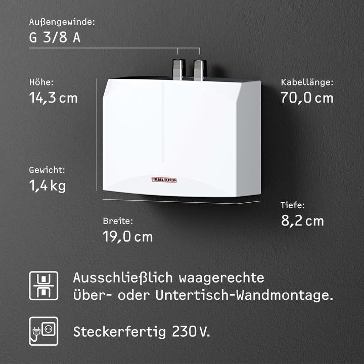 Produktbild Stiebel Eltron DNM 3+MAW Mini-Durchlauferhitzer+Wandarmatur nur fürs Handwaschbecken + Armatur, 3,5 kW, mit Stecker