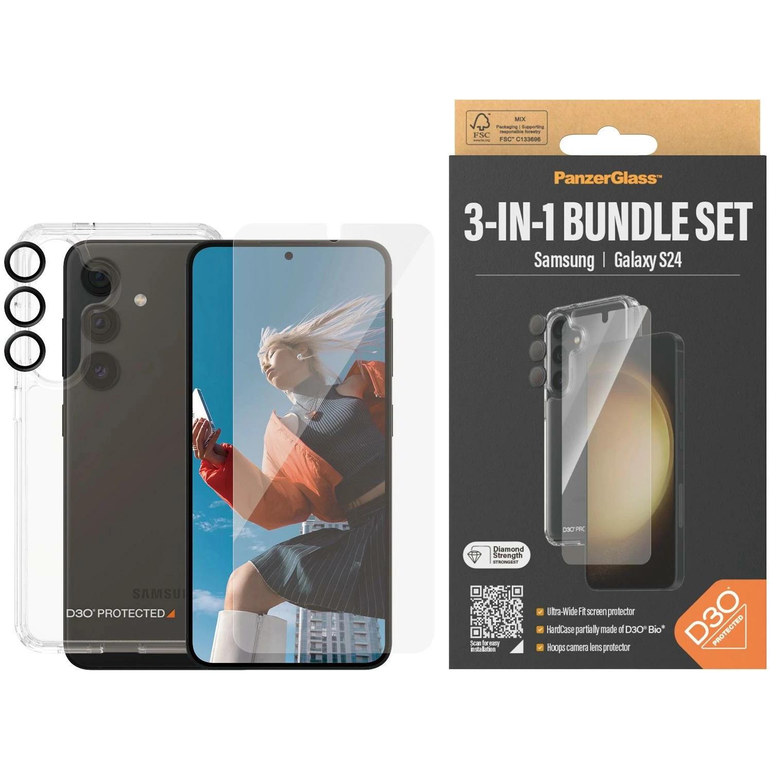 PanzerGlass Bundle Ultra Wide FIt Glass + Case + Lens (1 Stück, Samsung Galaxy S24), Smartphone Schutzfolie, Transparent