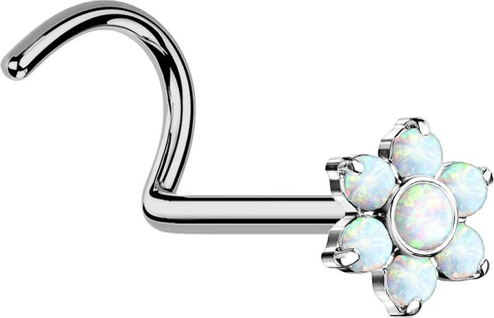 Actual product image Star Piercing Threadless Nasenstecker gebogen silber Blume Opale weiss (without brass, Titanium)