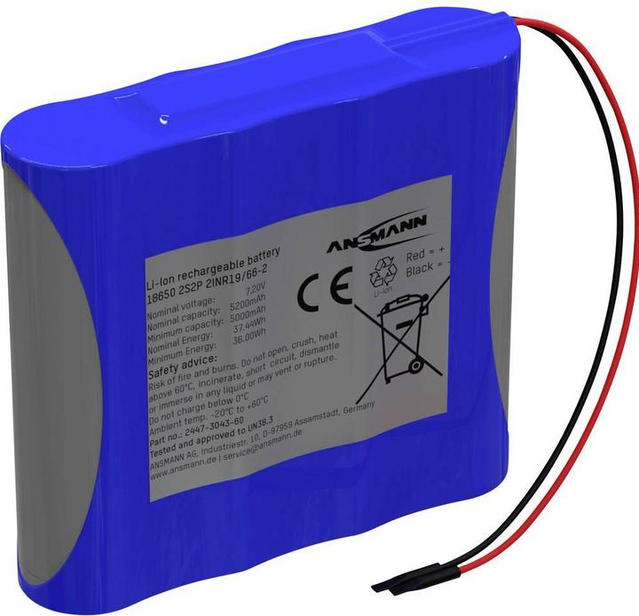 Ansmann 2S2P Akkupack 4x 18650 Kabel Li-Ion 7.2V 5200mAh Akkupack 4x Li-Ion 7. (1 pcs., 18650, 5200 mAh)