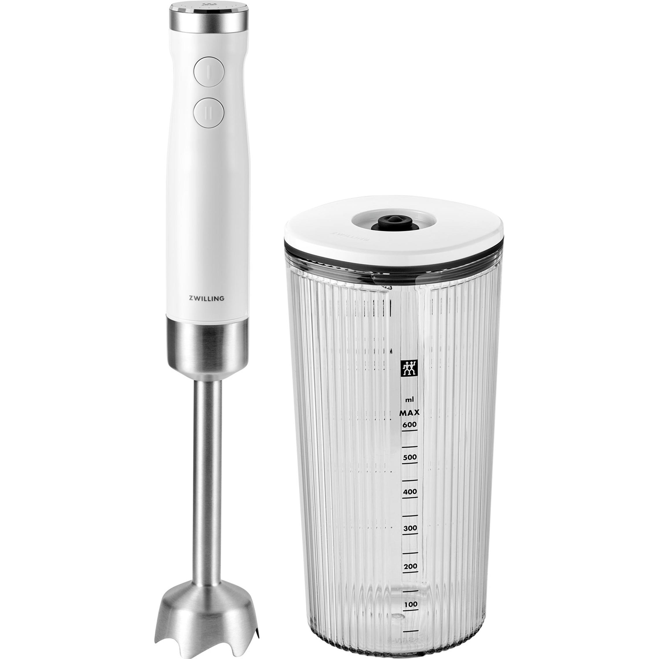 Zwilling Enfinigy Stabmixer inkl. Becher u Vakuumdeckel silber, Stabmixer, Silber, Weiss