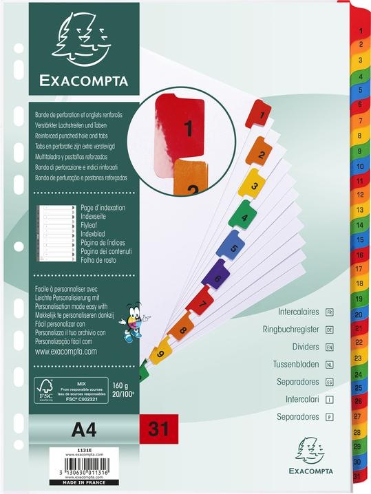 Image du produit Exacompta Intercalaires Imprimés numériques carte blanche 160g/renforts couleurs + page de garde - 31 position