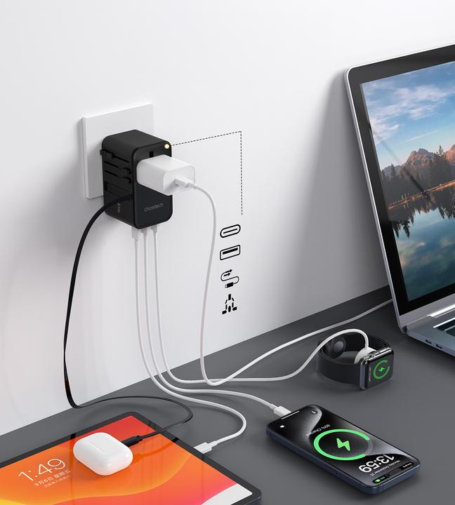 Produktbild Choetech PD5022 70W EU/US/AUS/UK Travel Adapter with Built-in USB-C Cable - Black