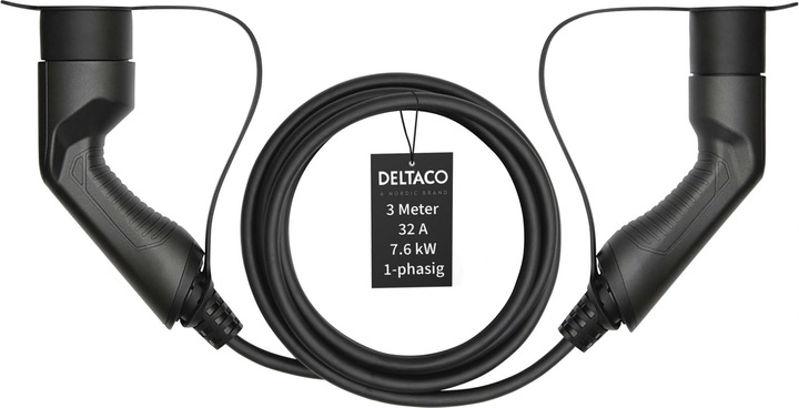 Actual product image Deltaco EV charging cable, e-car & hybrid, Type2 to Type2, 32 A, 7.6 kW, 1-phase (Type 1, 7.60 kW, 32 A, 3 m)
