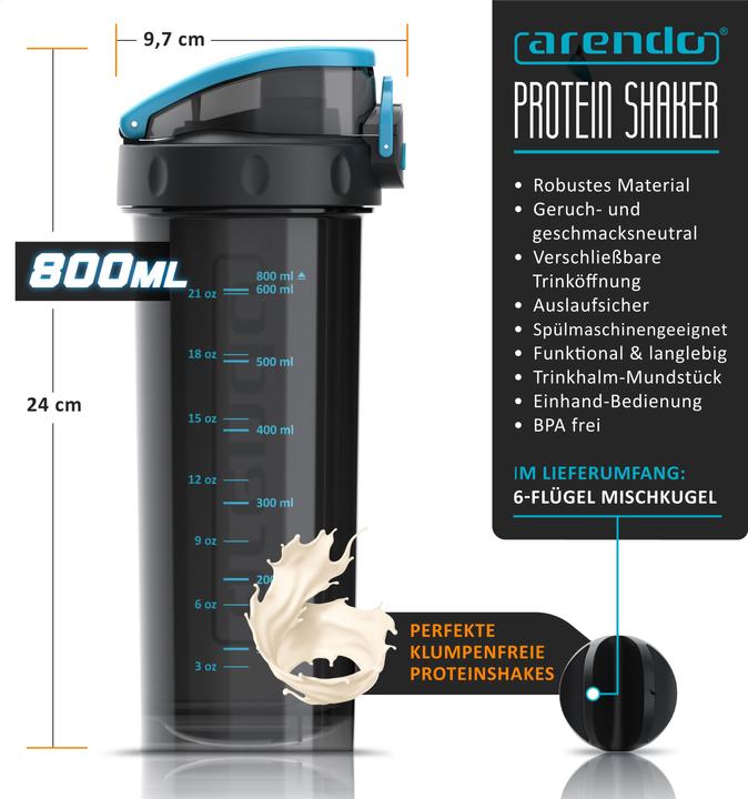 Produktbild Arendo Protein Shaker, Eiweissshaker 800 ml, verschliessbar, spülmaschinengeeignet, für unterwegs, BPA-frei (0.60 l)