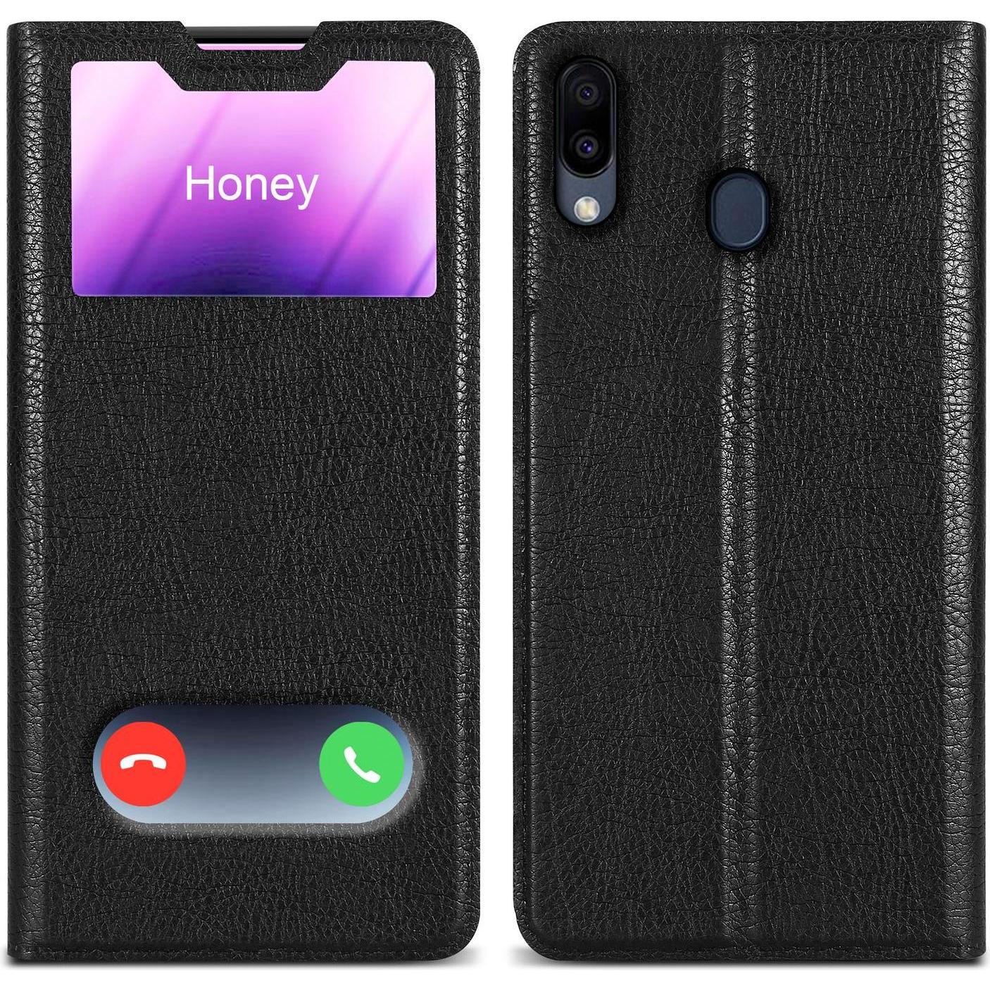Cadorabo Book Hülle mit Doppelfenster für Samsung Galaxy M20 (Samsung Galaxy M20), Smartphone Hülle, Schwarz