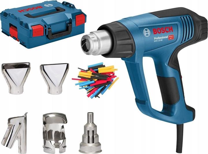 1x Bosch L-Boxx 136, 1x reducing nozzle 9 mm, 1x Bosch GHG 23-66 Professional hot air blower, 1x welding shoe 10 mm, 1x heat shrink tubing set, 1x surface nozzle 50 mm, 1x glass protection nozzle 75 mm PHG-N3, 1x reflector nozzle 32 x 33 mm