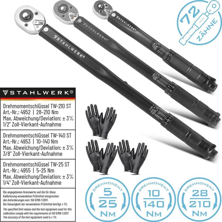 Produktbild Stahlwerk Drehmomentschlüssel Dreierset 1/4", 3/8" & 1/2" bis 210 NM (1/2", 1/4", 3/8", 28 - 210 Nm)
