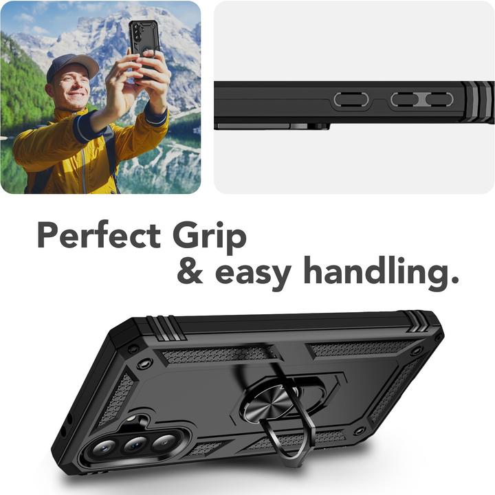 Produktbild Nalia RingDefend - Schwarze Panzerhülle mit 360-Grad Finger-Halter & Ständer - Military Style Cover (Samsung Galaxy A36)