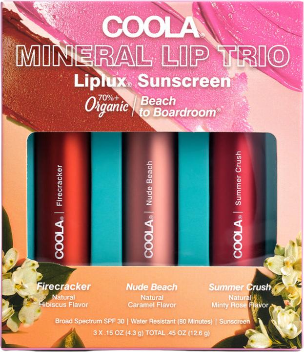 Image du produit Coola Suncare Liplux Organic Tinted Mineral Lip Sunscreen Trio (Soin des lèvres teinté)
