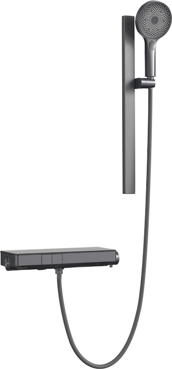 Emke Thermostatic Shower System with Overhead Rain Shower, Hand Shower, and Lower Outlet, Black Metal
