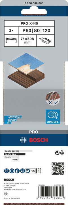 Produktbild Bosch Professional Zubehör PRO X440 Schleifband, 75 x 508 mm, G60, G80, G100, 3-tlg. (60, 80, 100)