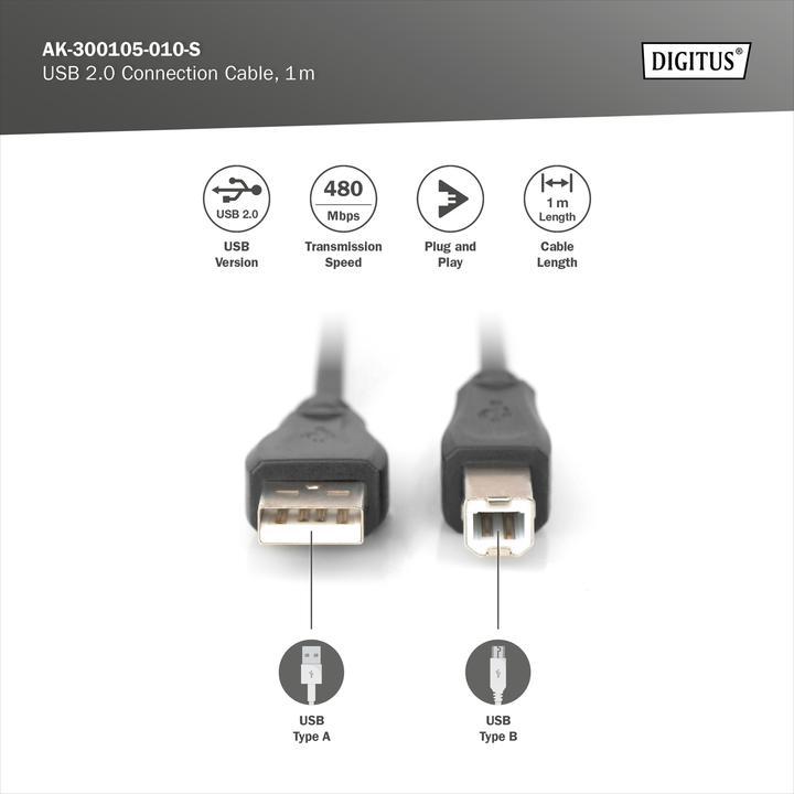Produktbild Digitus USB2.0 Anschlusskabel, 1 m (1 m, USB 2.0, 2.50 W)