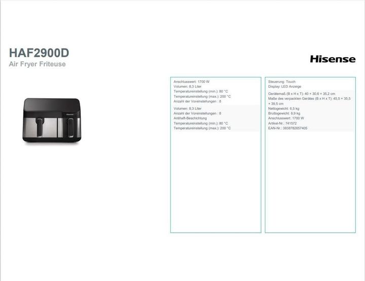 Produktbild Hisense HAF2900D Unabhängige Doppel-Luftfritteuse