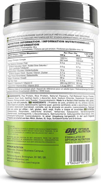 Nährwerte und Zutaten Optimum Nutrition Gold Standard 100% Plant (684g Dose) (Schokolade, 1 Stk., 684 g)