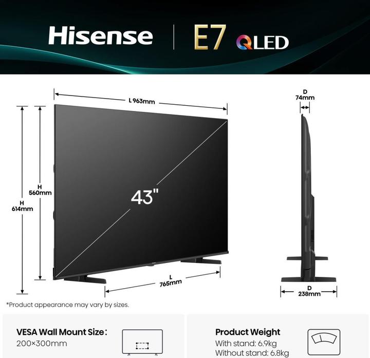 Actual product image Hisense TV 43E7Q (43", QLED, 4K)