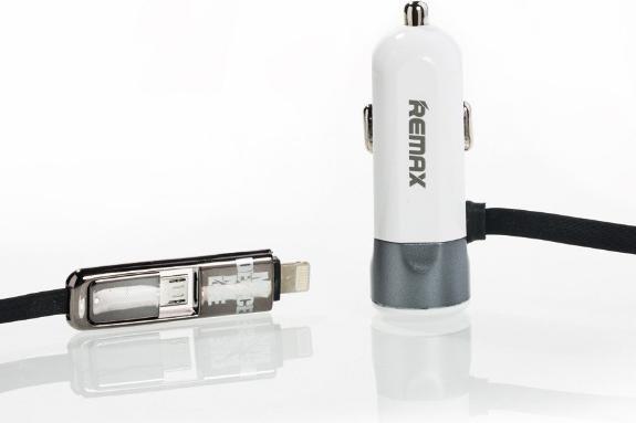 Produktbild OEM REMAX Autoladegerät RCC-102 – USB – 3,4 A mit 2-in-1-Kabel Micro-USB, Lightning Silber