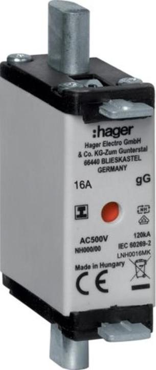 Produktbild Hager NH-Sicherungseinsatz NH000 gG, 500 V, isolierte Grifflasche, 16 A (16 A)