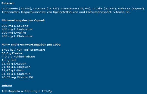 Nährwerte und Zutaten IronMaxx BCAAs und Glutamin 800 (130 Stück, Kapseln, 500 g)
