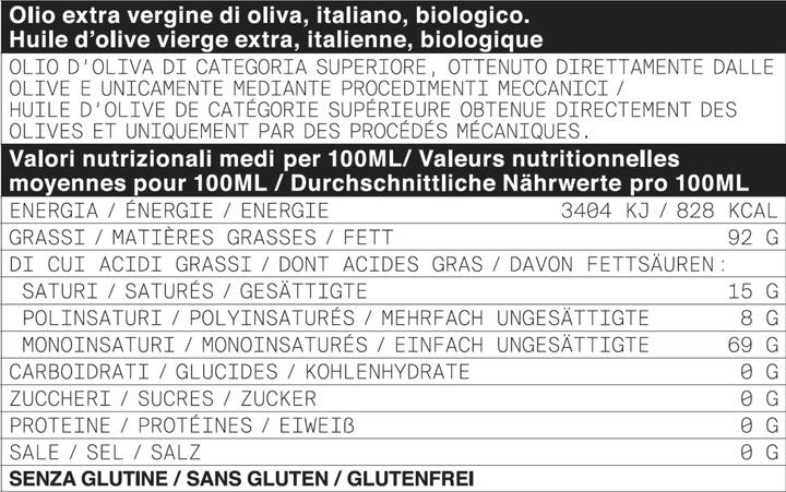 Nutritional values and ingredients Ólixir Organic extra virgin olive oil (50 cl)