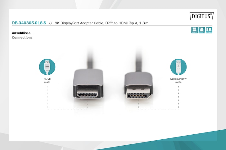 Image du produit Digitus DisplayPort – HDMI (1.80 m, DisplayPort, HDMI)