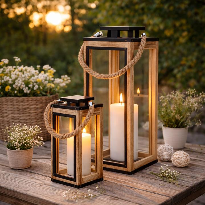 Produktbild Mojawo 2-teiliges Laternen-Set aus Holz mit Metalldach Deko-Laternen