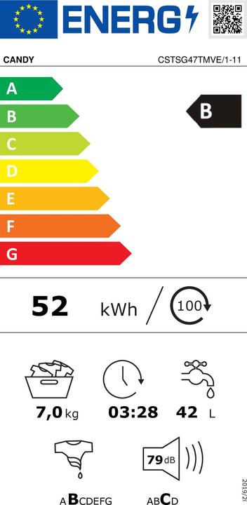 Energie-Label Candy CSTSG47TMVE/1-11 Toplader-Waschmaschine 7 kg 1400 U/min B Weiss (7 kg, Oben)