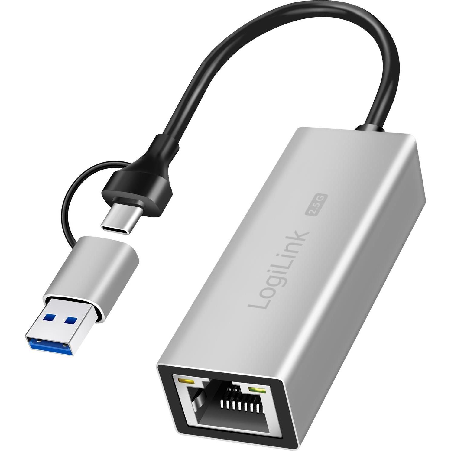 LogiLink Da USB-A/-C a 2,5G Ethernet (USB-C 3.2 Gen 1, RJ45 (1x)), Adattatore di rete, Argento