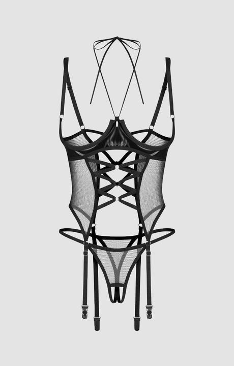 Actual product image Obsessive – Dominna Corset & Crotchless Thong – Black (M, S)