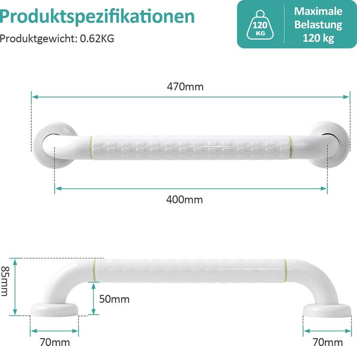 Produktbild Emke Badezimmer-Haltegriff Rutschfest Duschgriff, Bad oder Badewanne, 40cm, Weiss