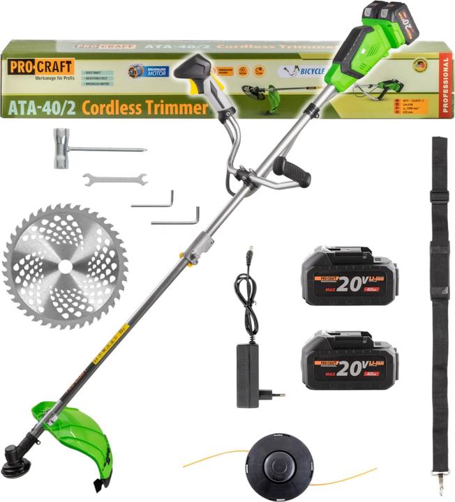 Produktbild Procraft ATA-40/2 Akku Freischneider 40 V ( 2x 20 V ) 220 mm Brushless + 2x Akku 4,0 Ah + Ladegerät (Metallschneideblatt, Trimmfaden)