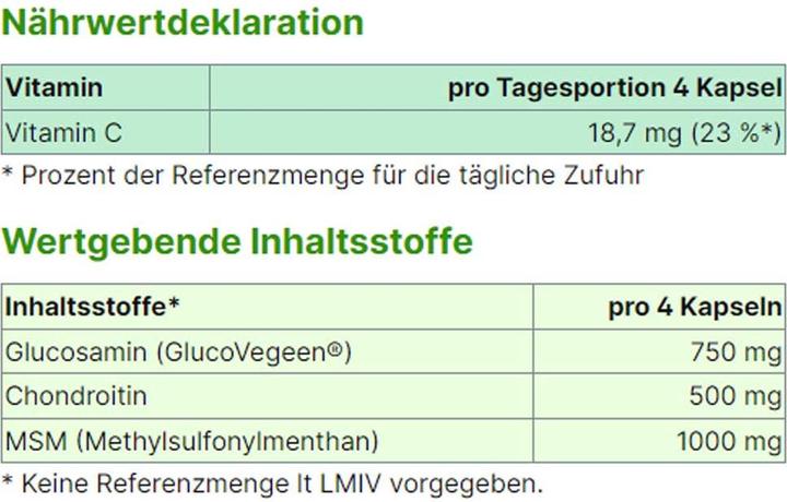 Valeurs nutritives et ingrédients Energybalance Glucosamine 4 Vegan (90 pcs, Capsules, 68 g)