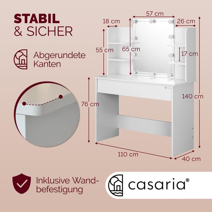 Image du produit Casaria Schminktisch mit Hocker (110 x 40 x 140 cm)