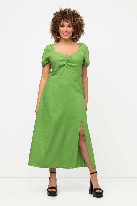 Immagine prodotto Ulla Popken Abito midi in misto lino con dettagli a punto smock, scollo a cuore e mezze maniche (58)