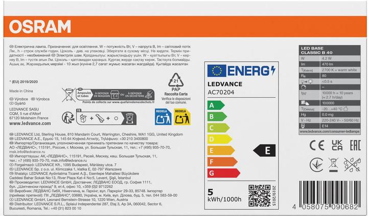 Etichetta energetica Osram Base LED Classic B (E14, 4 W, 470 lm, 5 x, E)