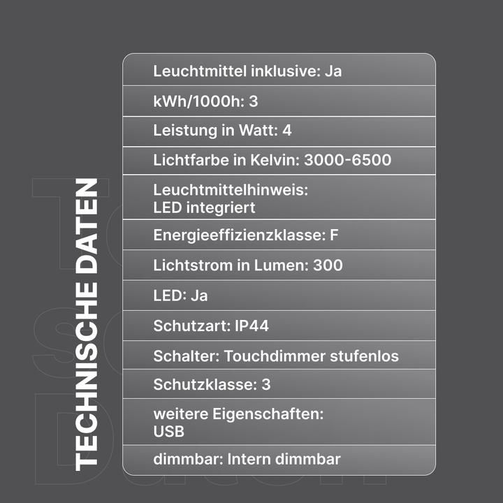 Nutritional values and ingredients Brilliant Rechargeable table lamp, 37cm, 300 lm, 3000-6500 K, dimmable, brushed aluminium (300 lm)