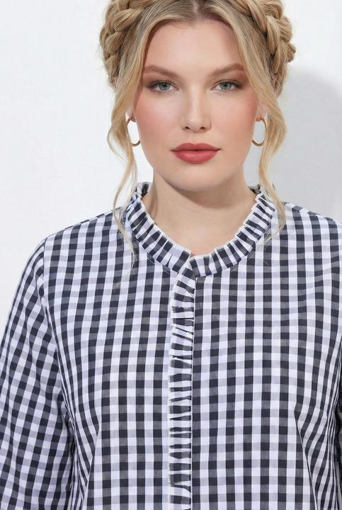 Actual product image Ulla Popken Checked Ruffle Trim 3/4 Sleeve Button-Down Shirt (46)