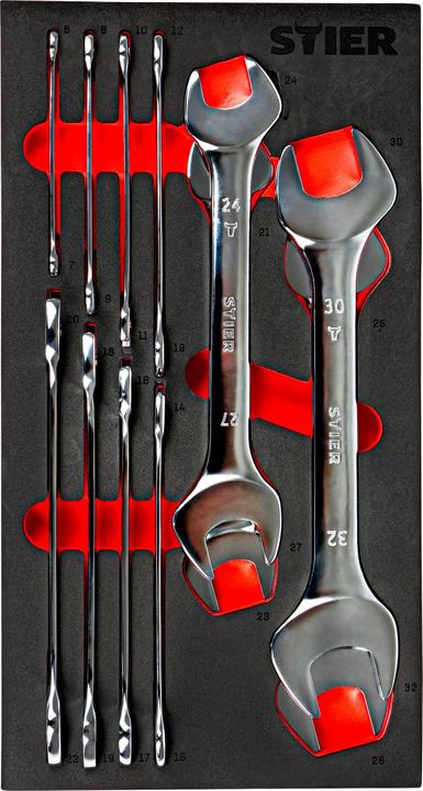 Actual product image Stier Double open-end spanner set SW 6 - 32 mm 12-piece set in soft foam insert (EVA) (10 mm, 11 mm, 12 mm, 13 mm, 14 mm, 15 mm, 16 mm, 17 mm, 18 mm, 19 mm, 20 mm, 21 mm, 22 mm, 23 mm, 24 mm, 25 mm, 27 mm, 28 mm, 30 mm, 32 mm, 6 mm, 7 mm, 8 mm, 9 mm)