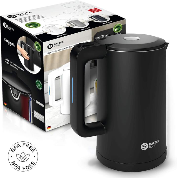 Produktbild Balter Wasserkocher 1,7 L, Edelstahl, 2200 W – kabellos, Kalkfilter, Cool-Touch-Griff, Schwarz (1.70 l)