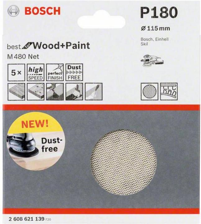 Immagine prodotto Bosch Professional Foglio di levigatura M480 Net. Migliore per legno e vernice. 115 mm. 180. Confezione da 5 (180)