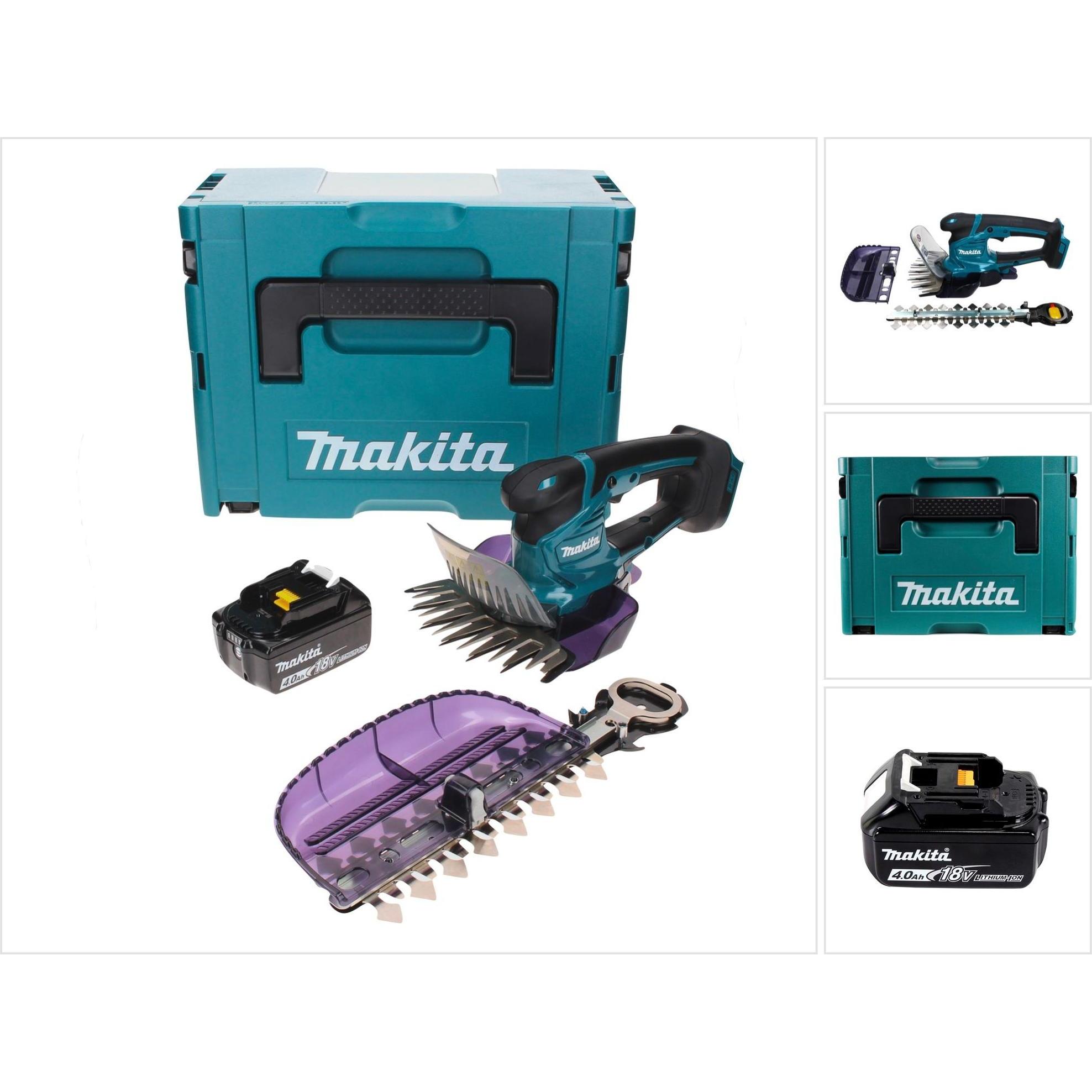 Makita DUM 604 M1XJ Battery grass shears 18 V with grass and