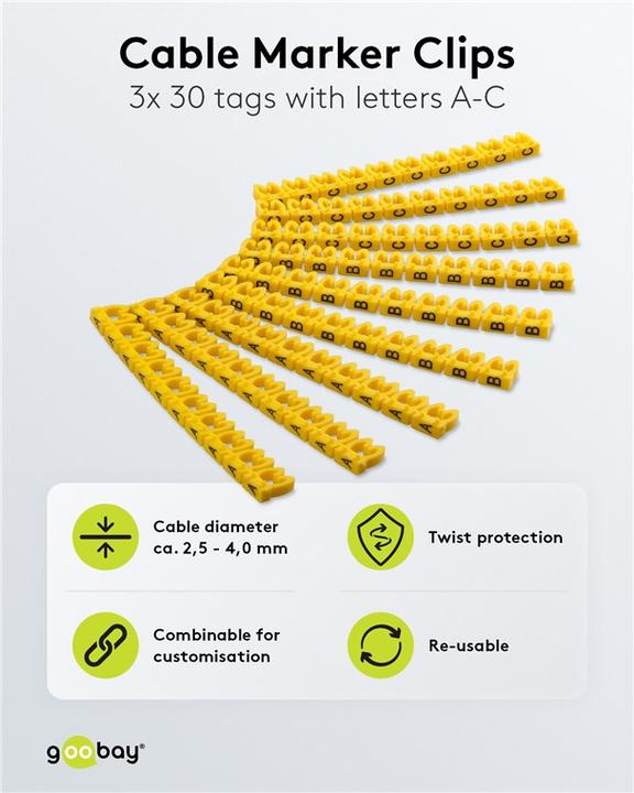Actual product image Goobay cable marker clips "Letters A-C", for cable diameters up to 4 mm, 4 mm