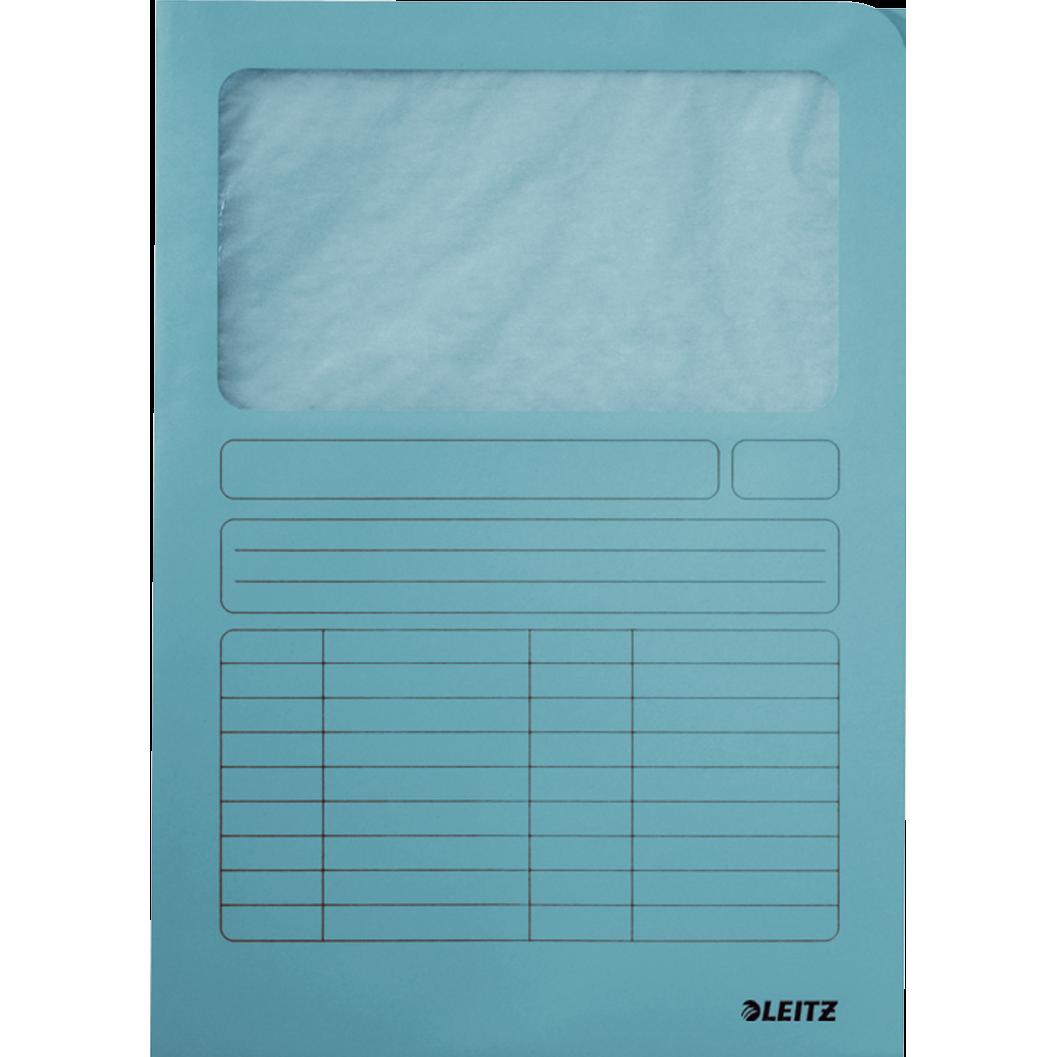 Leitz, Mappe, Sichtmappe, DIN A4, Karton, mit Sichtfenster, hellblau 160 g/qm, Oberteil mit beschriftbarem D (A4, 100 x)