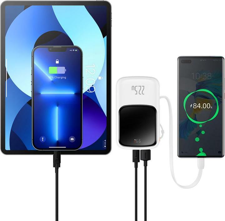Actual product image Baseus Powerbank Qpow Pro with USB-C cable, USB-C, USB, 10000mAh, 22.5W (white) (10000 mAh, 22.50 W, 37 Wh)