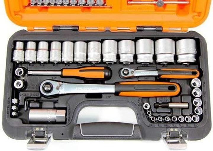 Produktbild Bahco 1/4"- und 1/2"-Steckschlüssel-Satz, metrisch, Doppelsechskant, inklusive Umschaltknarre mit schla (1/2", 1/4")