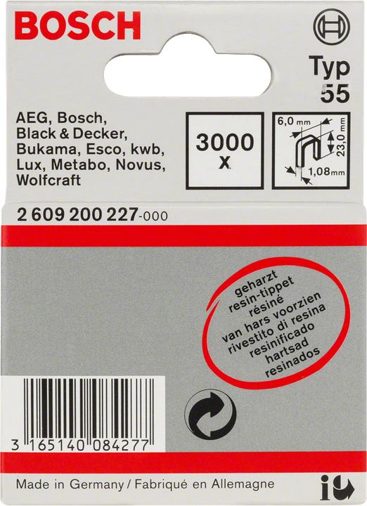 Produktbild Bosch Professional Zubehör Schmalrückenklammer Typ 55, geharzt 6 x 1,08 x 23 mm, 3000er-Pack