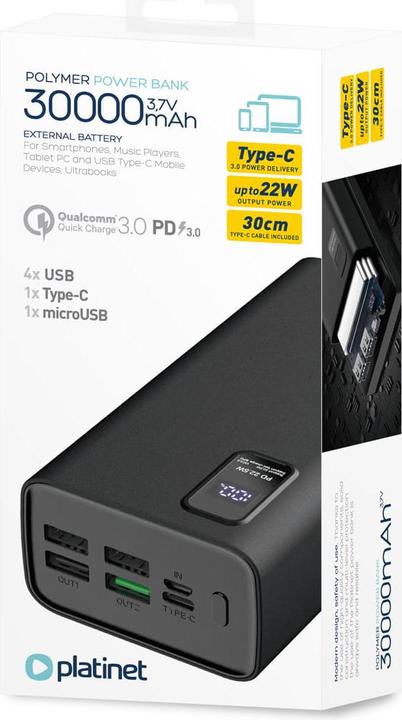 Actual product image Platinet power supply 30000mAh PD QC LED, black (30000 mAh, 22.50 W, 111 Wh)