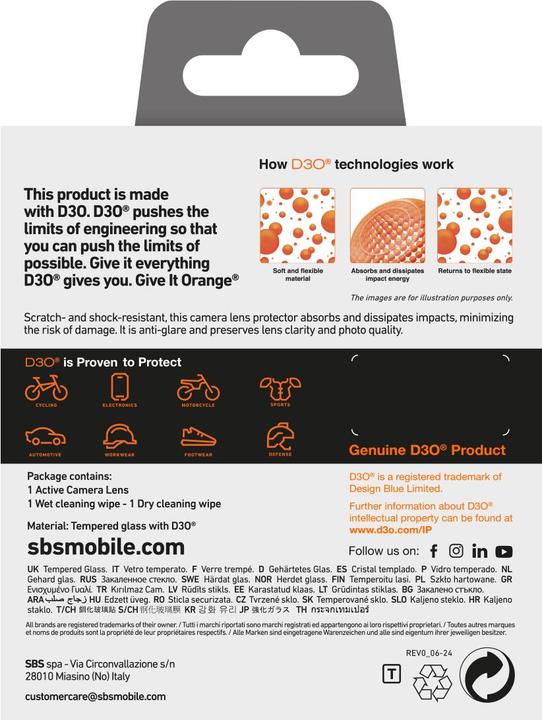 Immagine prodotto SBS Vetro della fotocamera con materiale D3O (1 pz., Apple iPhone 16 Pro, Apple iPhone 16 Pro Max)