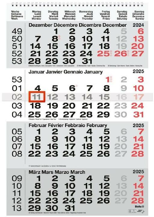 Biella Calendari con visualizzazione di 4 mesi (30 x 48 cm, Nessuna rilegatura, Tedesco, Inglese, Italiano, Francese)