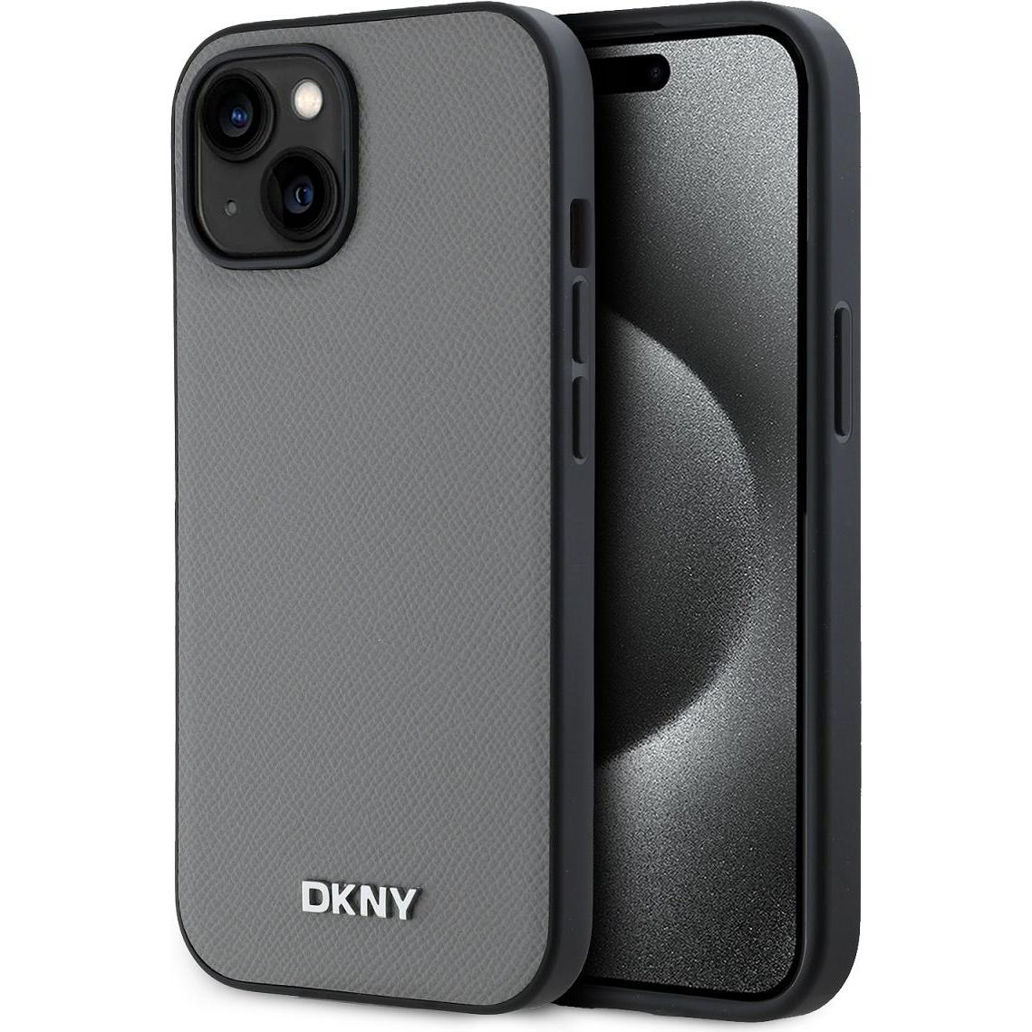 DKNY PU Leather Silver Metal Logo Magsafe Case for iPhone 15 Grey (Apple iPhone 15), Smartphone Hülle, Grau